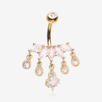 Golden Brilliant Marquise Tiara Dangle Sparkle Tiered Belly Button Ring-Clear Gem
